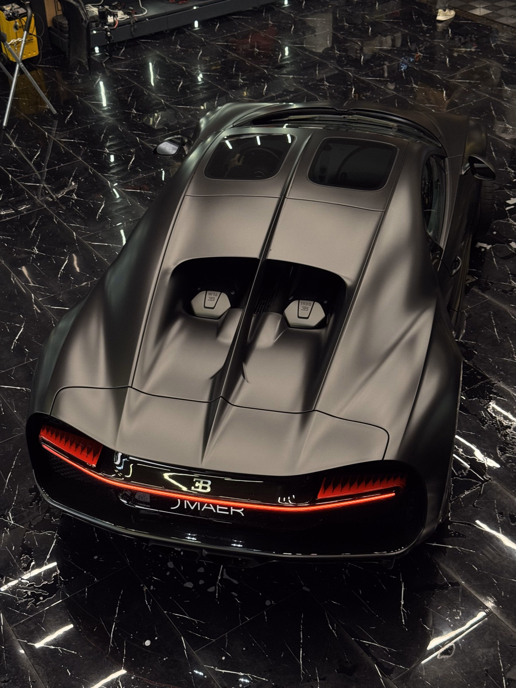 Bugatti Chiron in factory matte paint photographed from above at the rear after paint correction and ceramic coating at the MAER studio